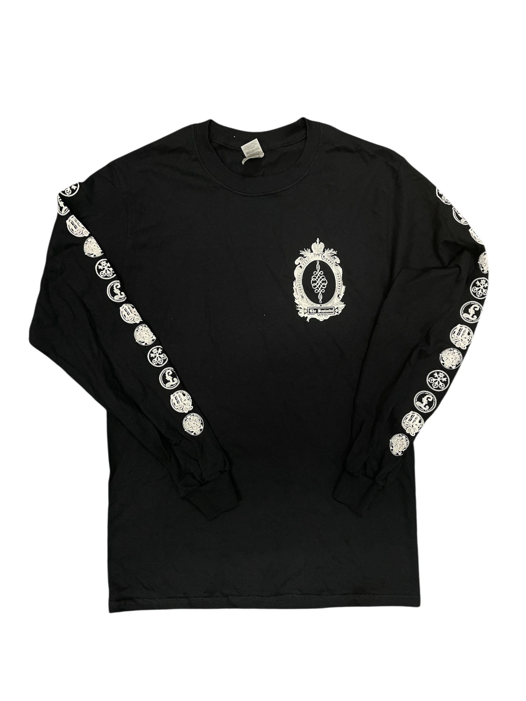 Black long-sleeve shirt with white graphic design on a white background