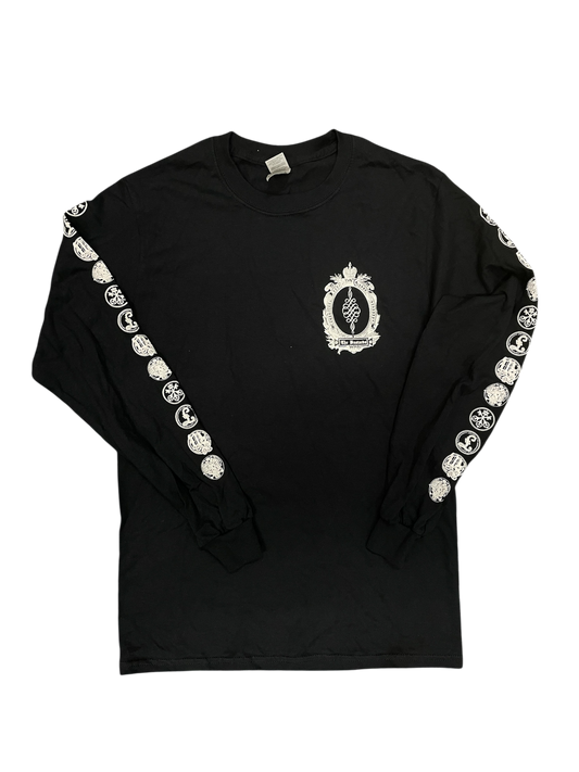 Black long-sleeve shirt with white graphic design on a white background