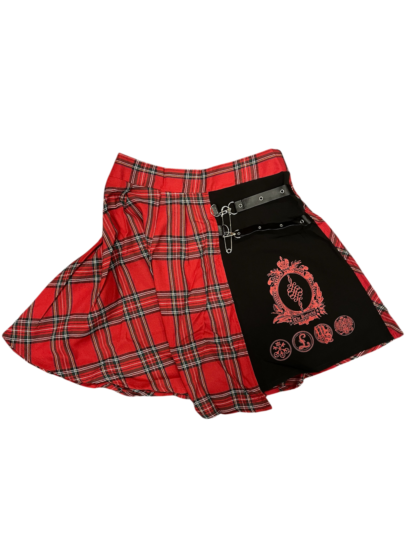 Red plaid skirt with black side panel featuring a logo on a white background