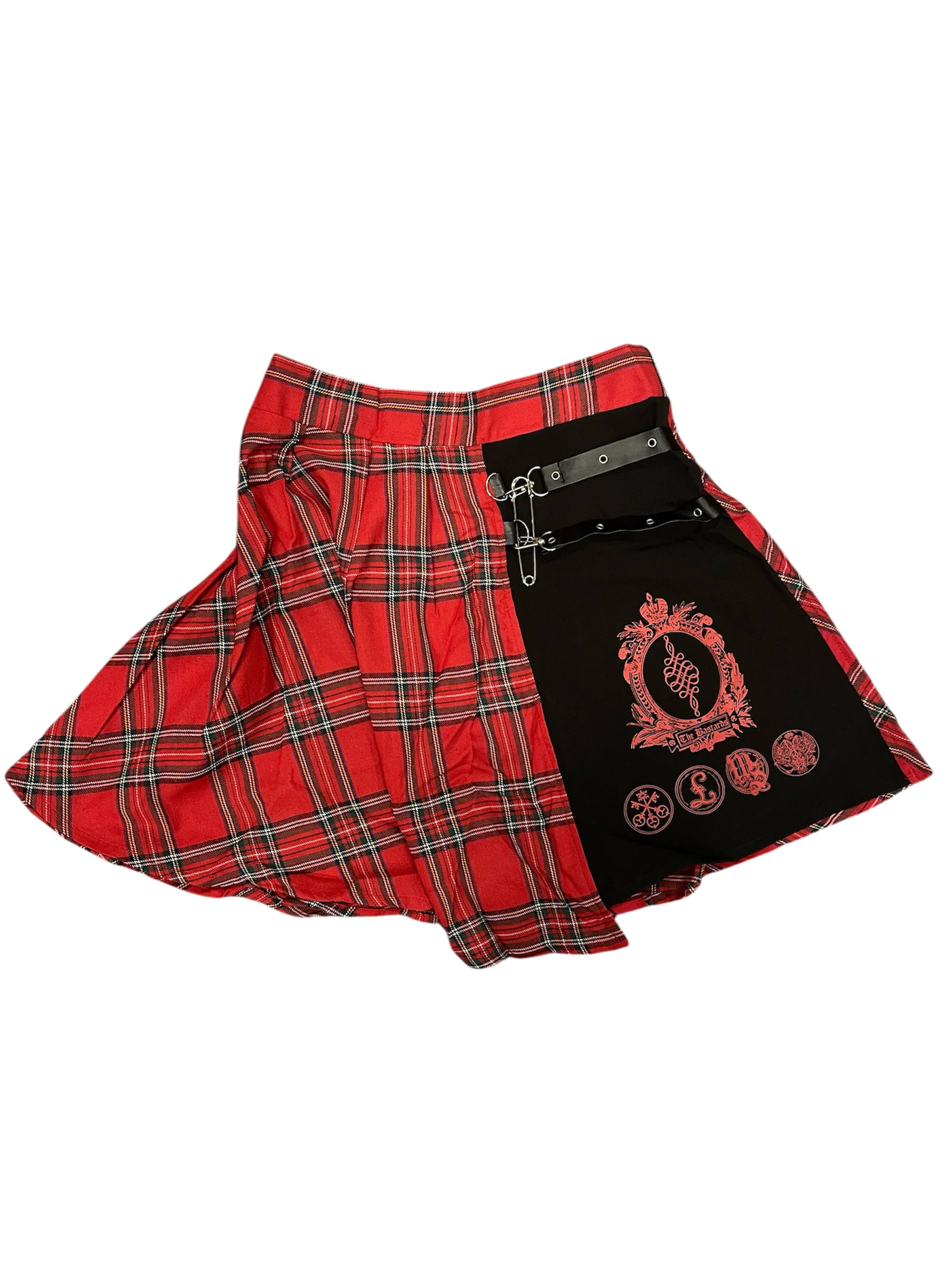 Red plaid skirt with black side panel featuring a logo on a white background
