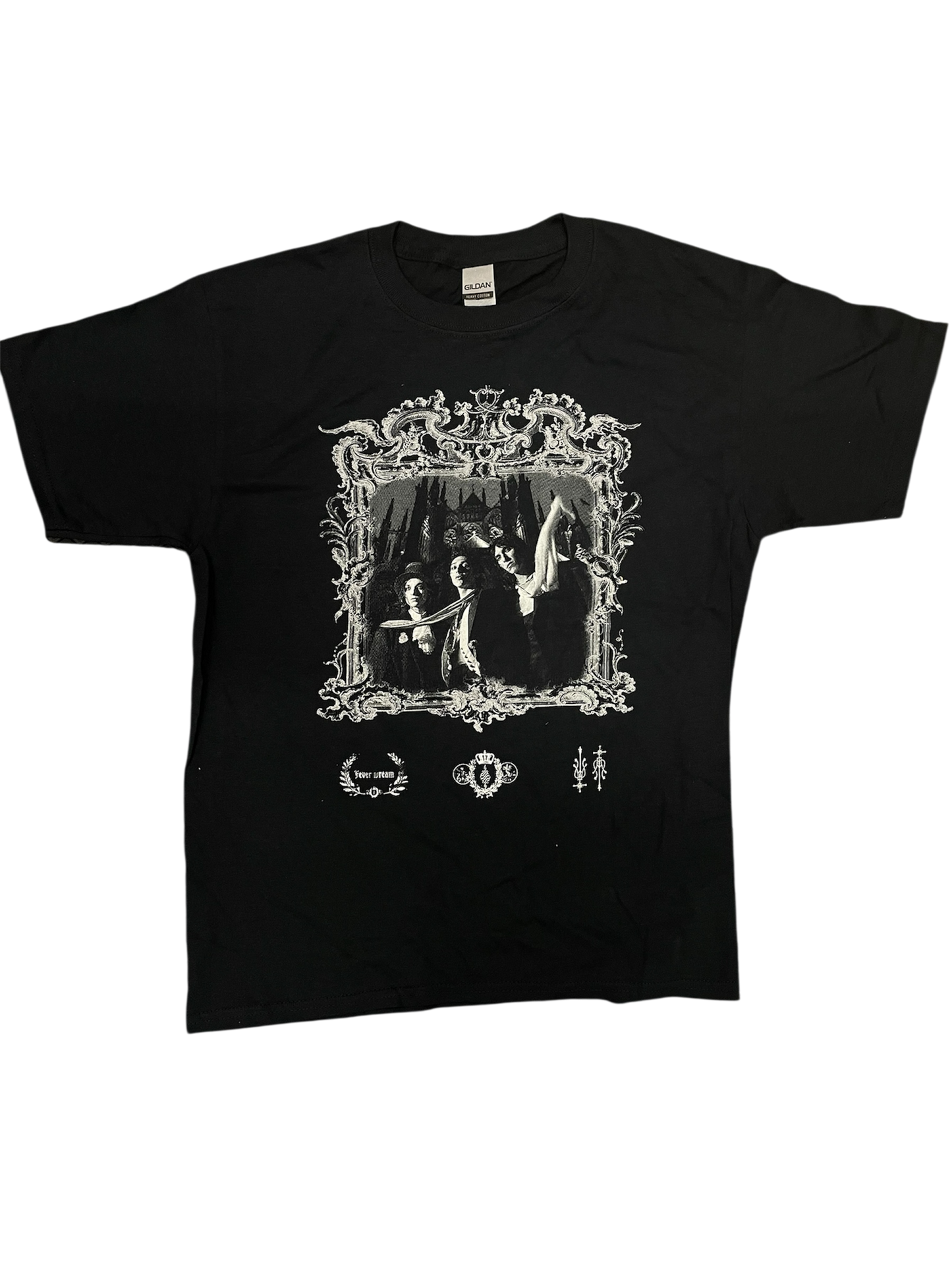 Black t-shirt with white graphic design on a white background