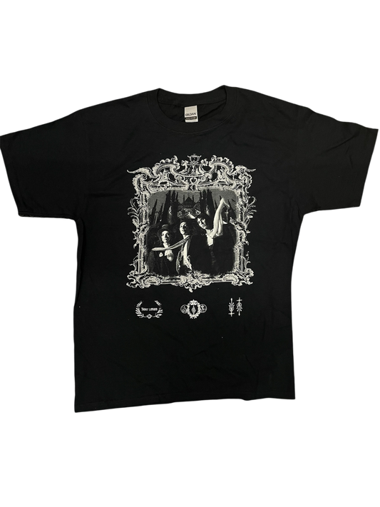 Black t-shirt with white graphic design on a white background