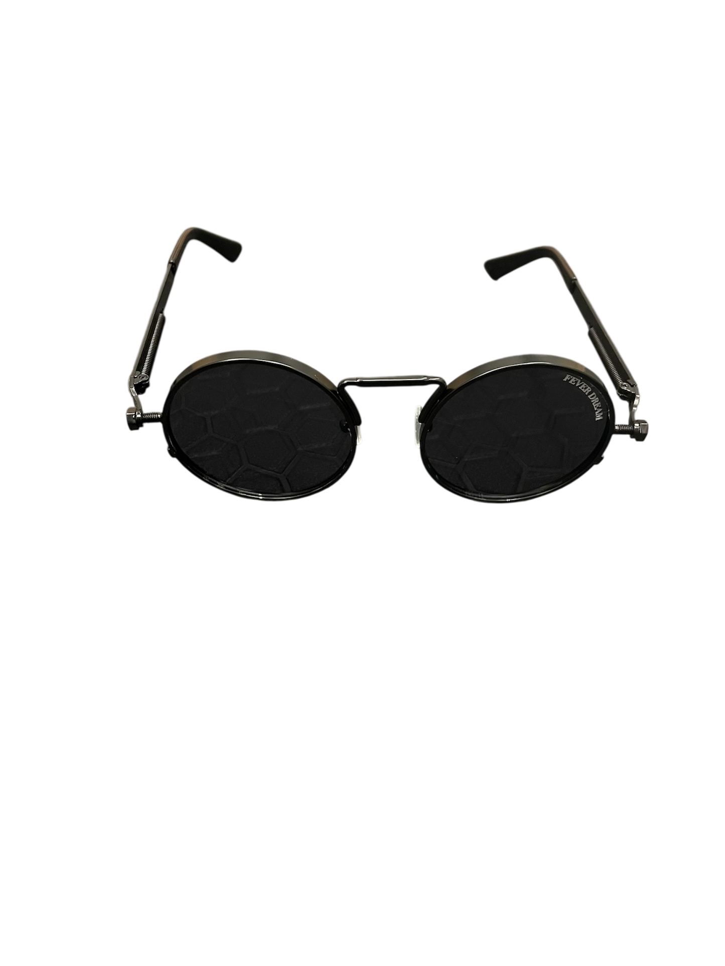 Round black sunglasses with thin metal frames on a white background