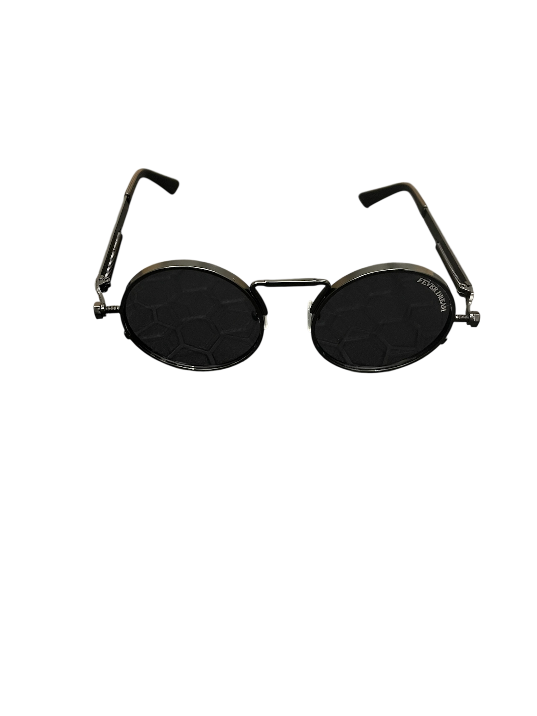 Round black sunglasses with thin metal frames on a white background