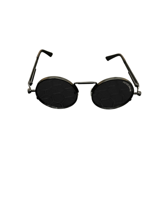 Round black sunglasses with thin metal frames on a white background