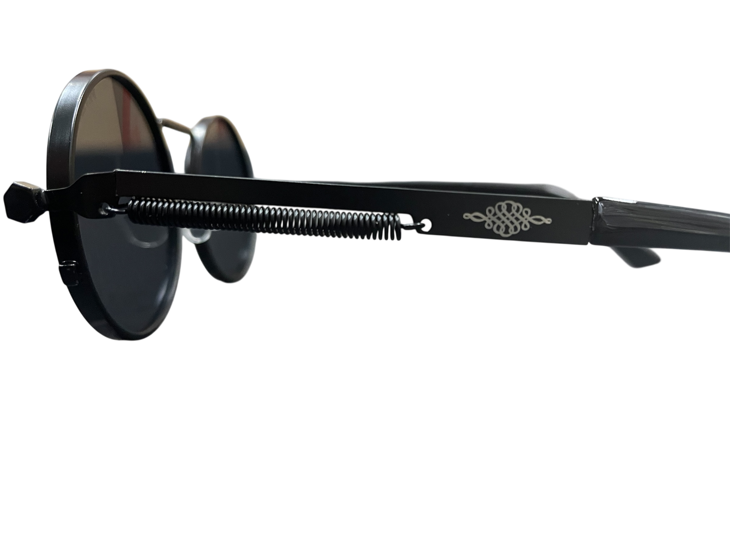 Black sunglasses with a decorative arm on a white background