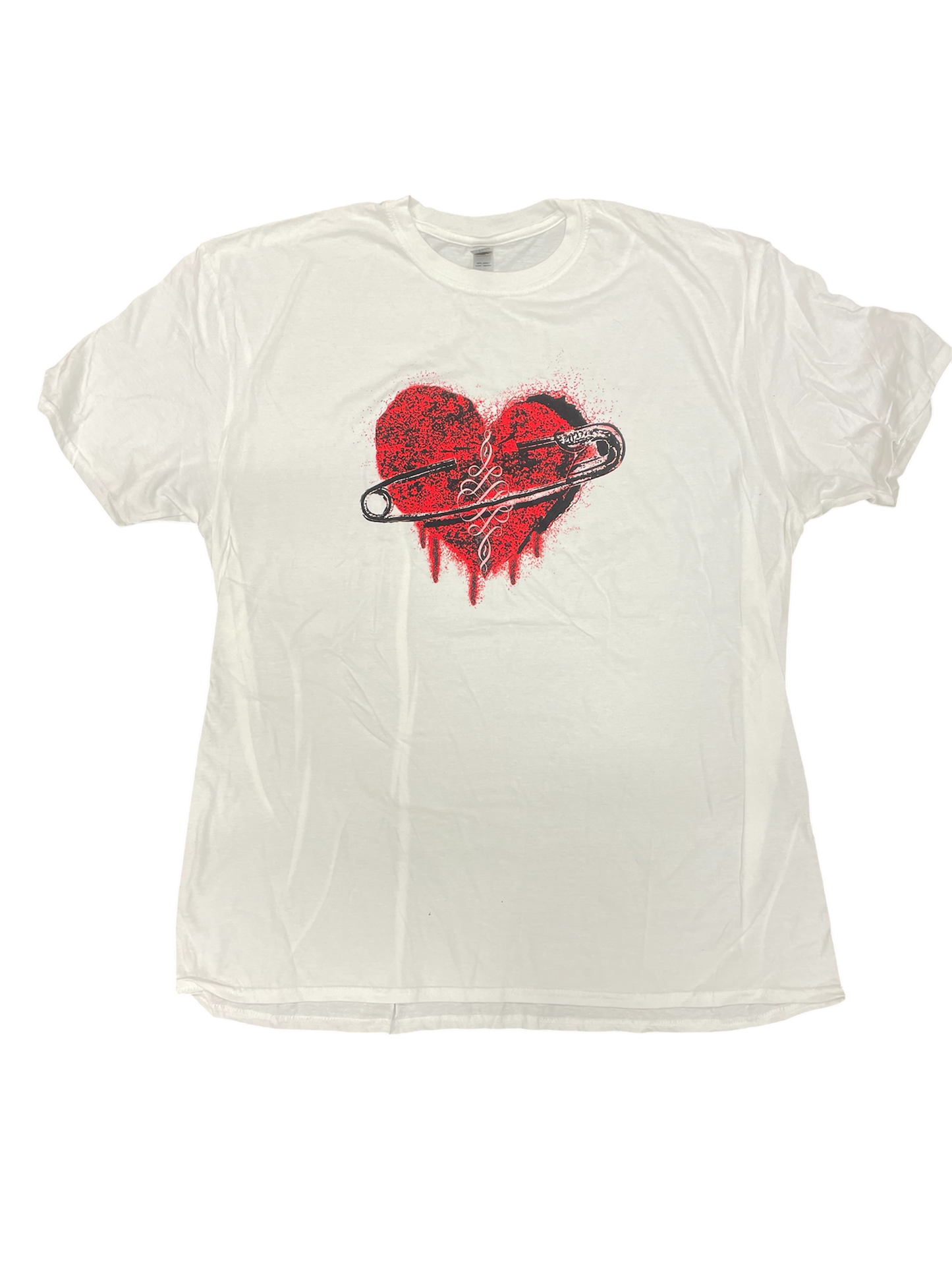 White t-shirt with a red heart and black graphic design on a white background
