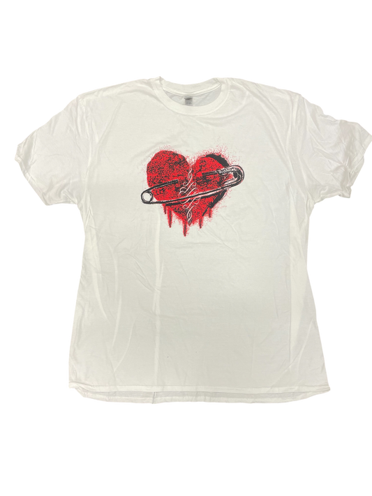 White t-shirt with a red heart and black graphic design on a white background