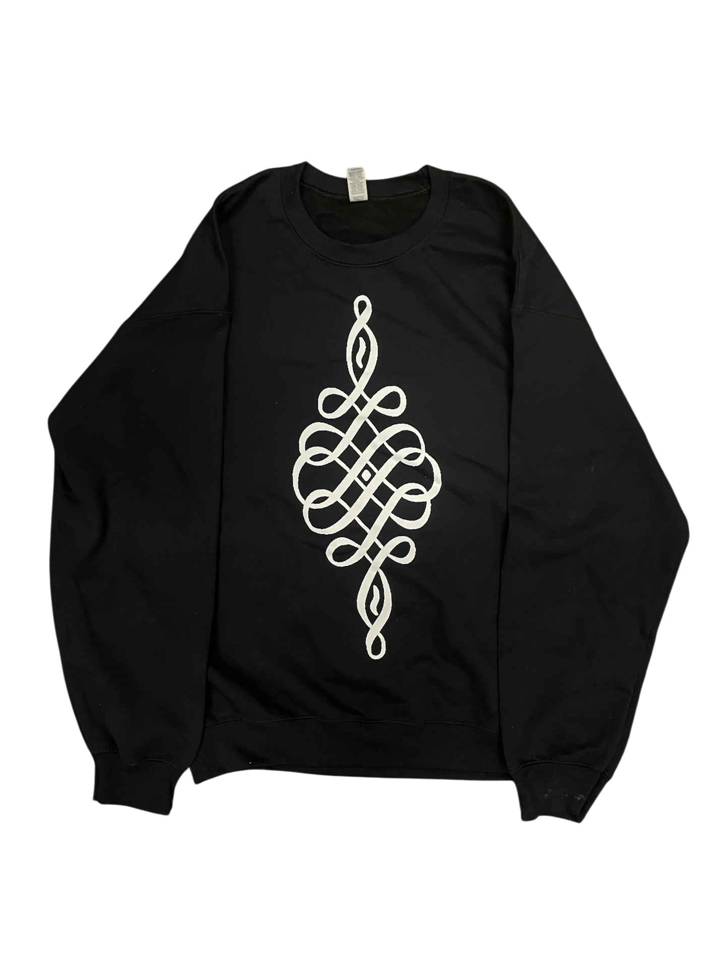 Black sweatshirt with a white Celtic knot design on a white background