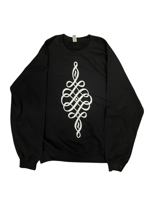 Black sweatshirt with a white Celtic knot design on a white background