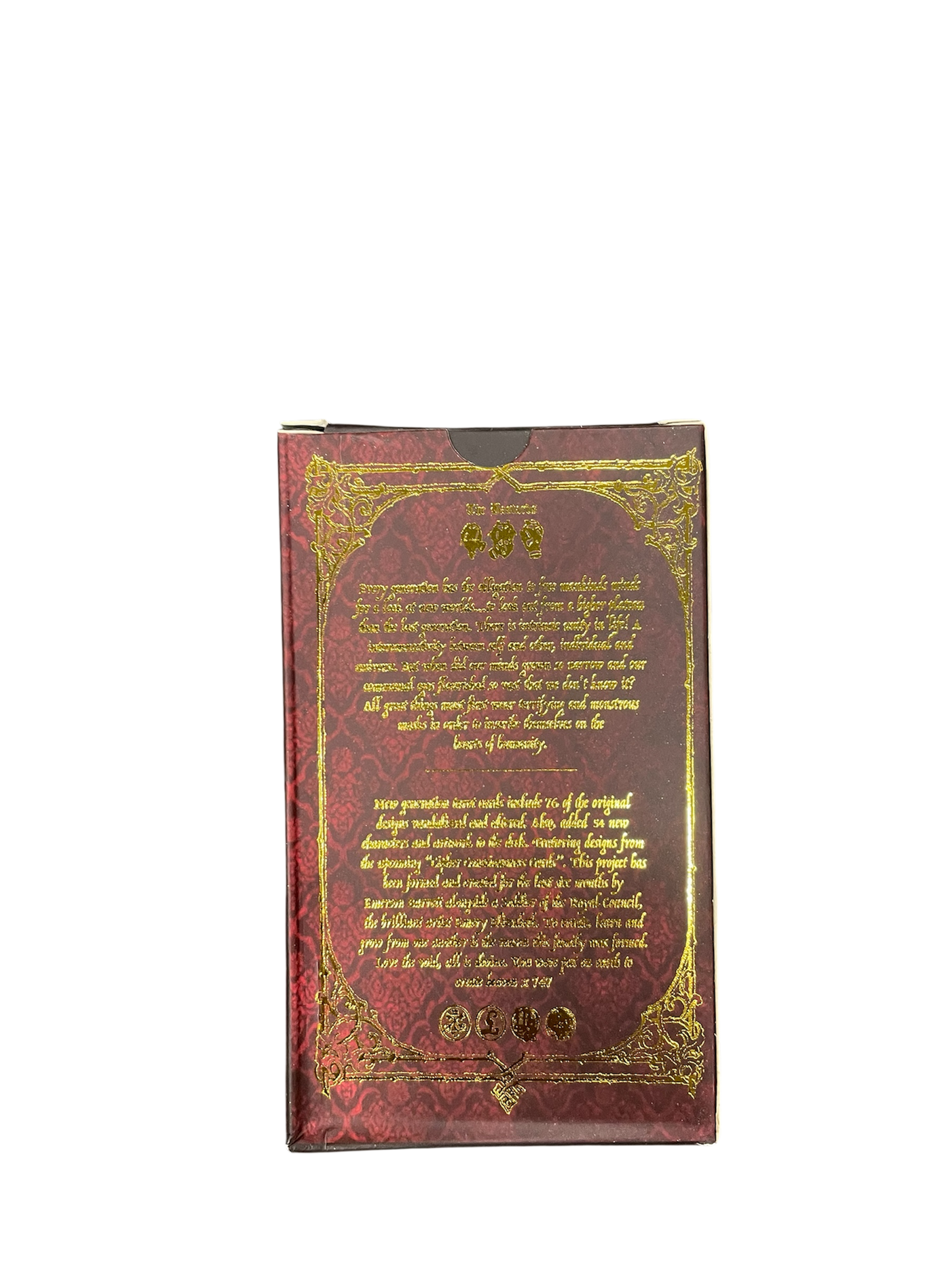 Decorative box with gold text and design on a white background