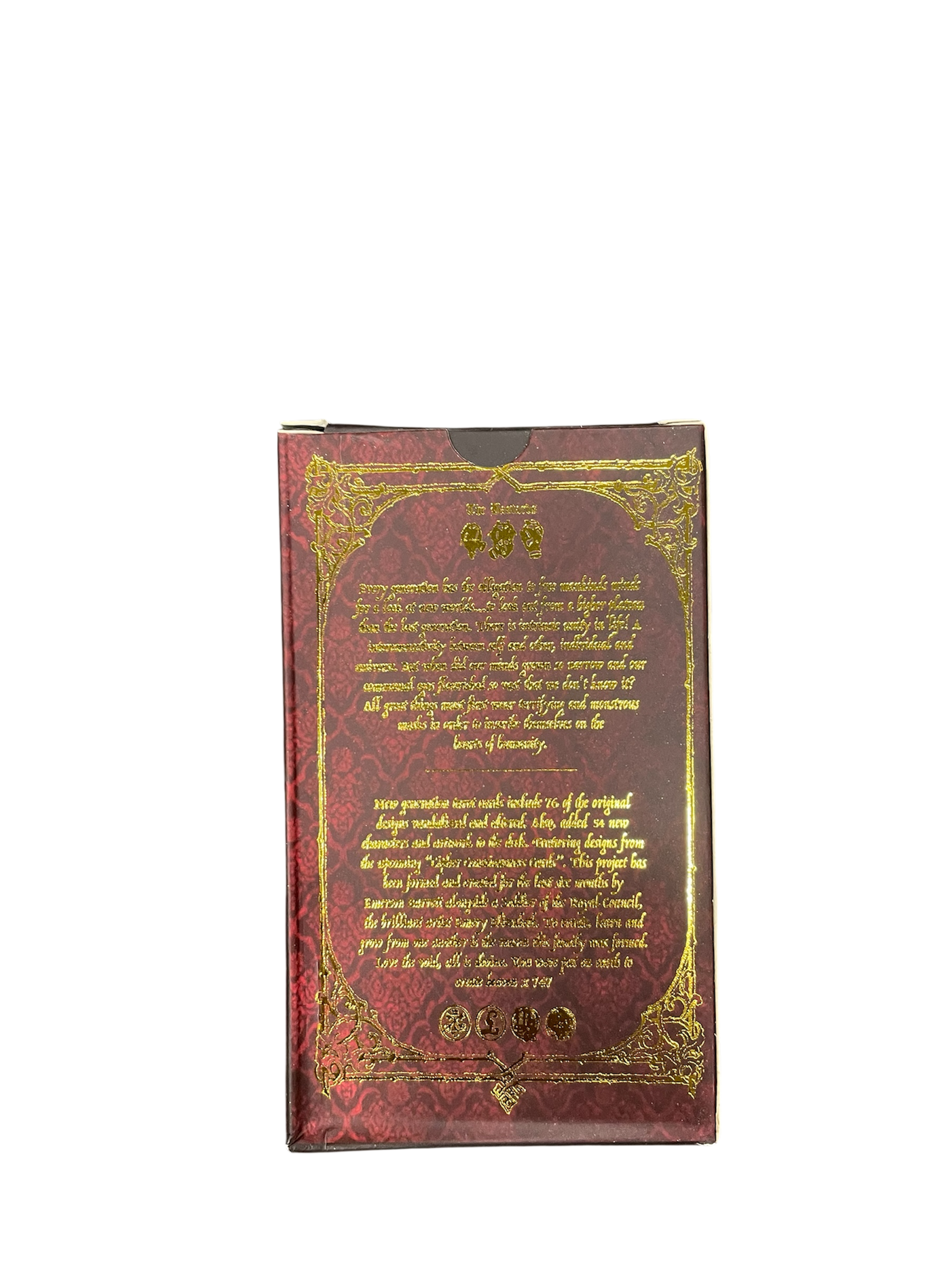 Decorative box with gold text and design on a white background