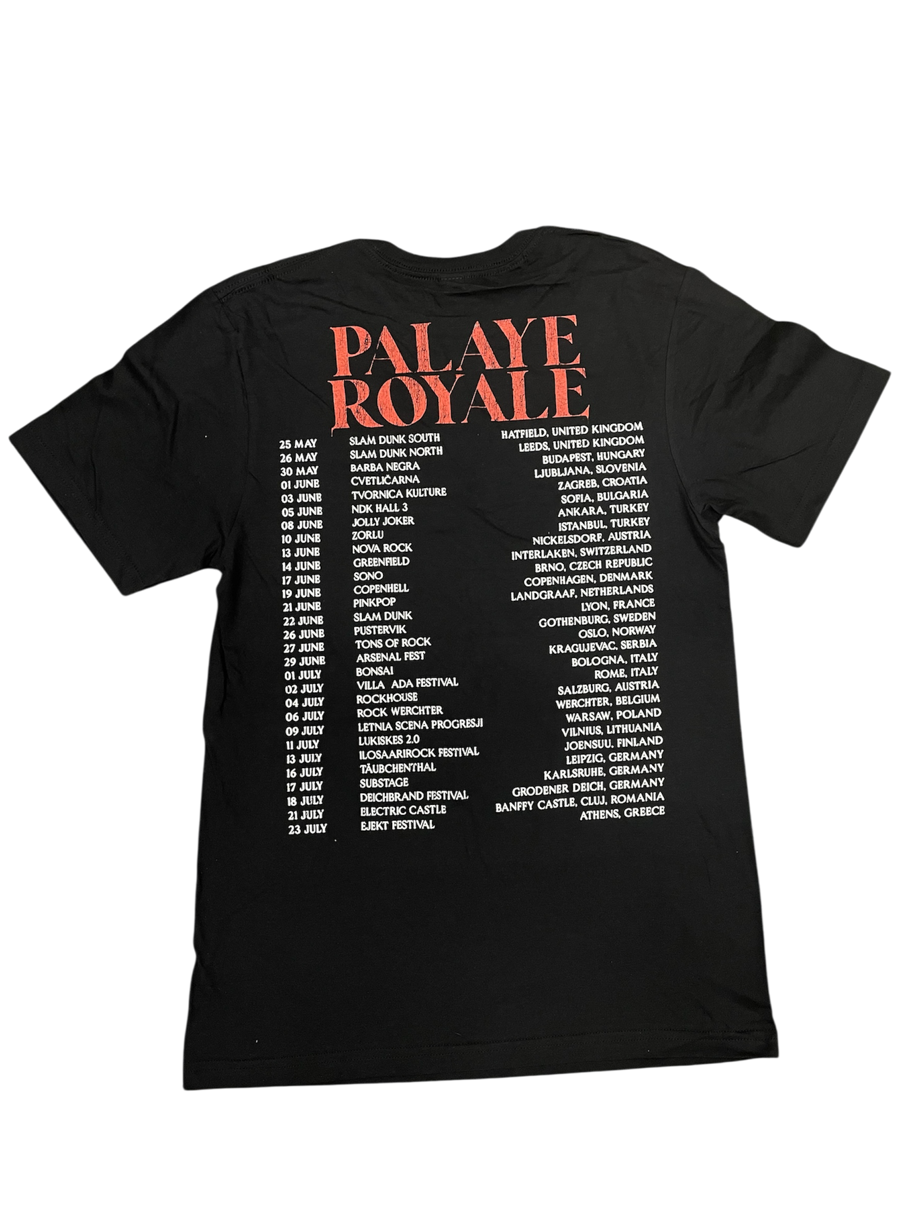 Black t-shirt with 'Palaye Royale' text on a white background