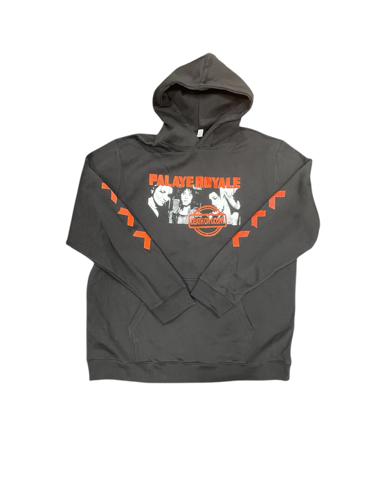 Gray hoodie with 'Palace Royale' graphic on a white background