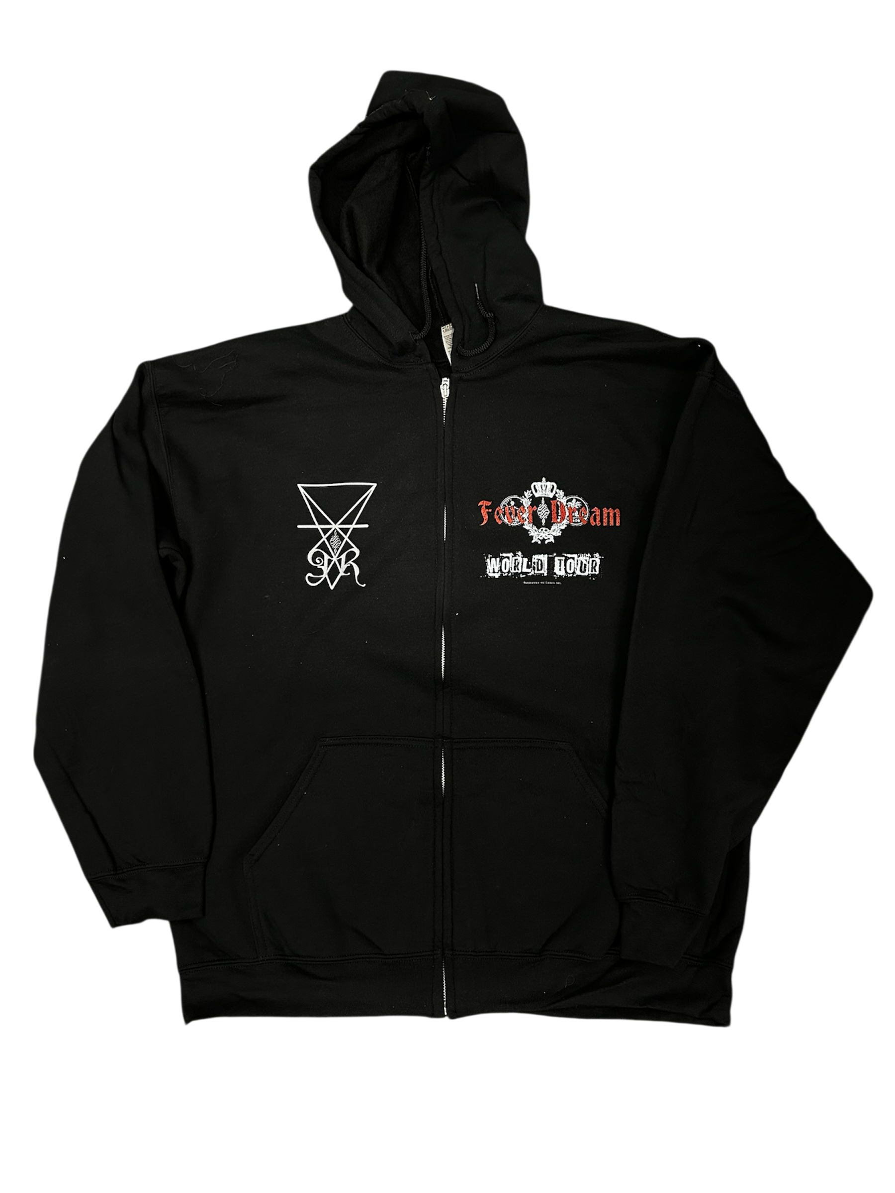 Black hoodie with logos on the chest and left sleeve against a white background