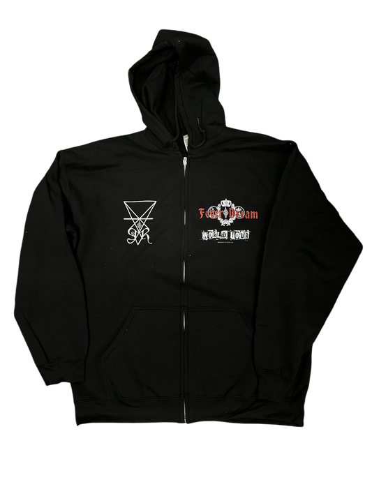 Black hoodie with logos on the chest and left sleeve against a white background