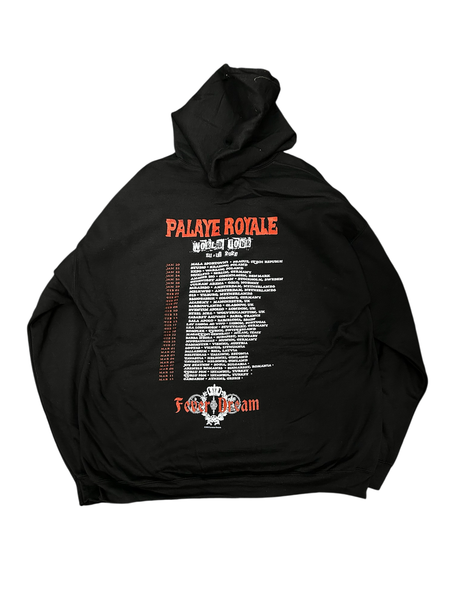 Black hoodie with 'Palaye Royale' text and graphics on a white background