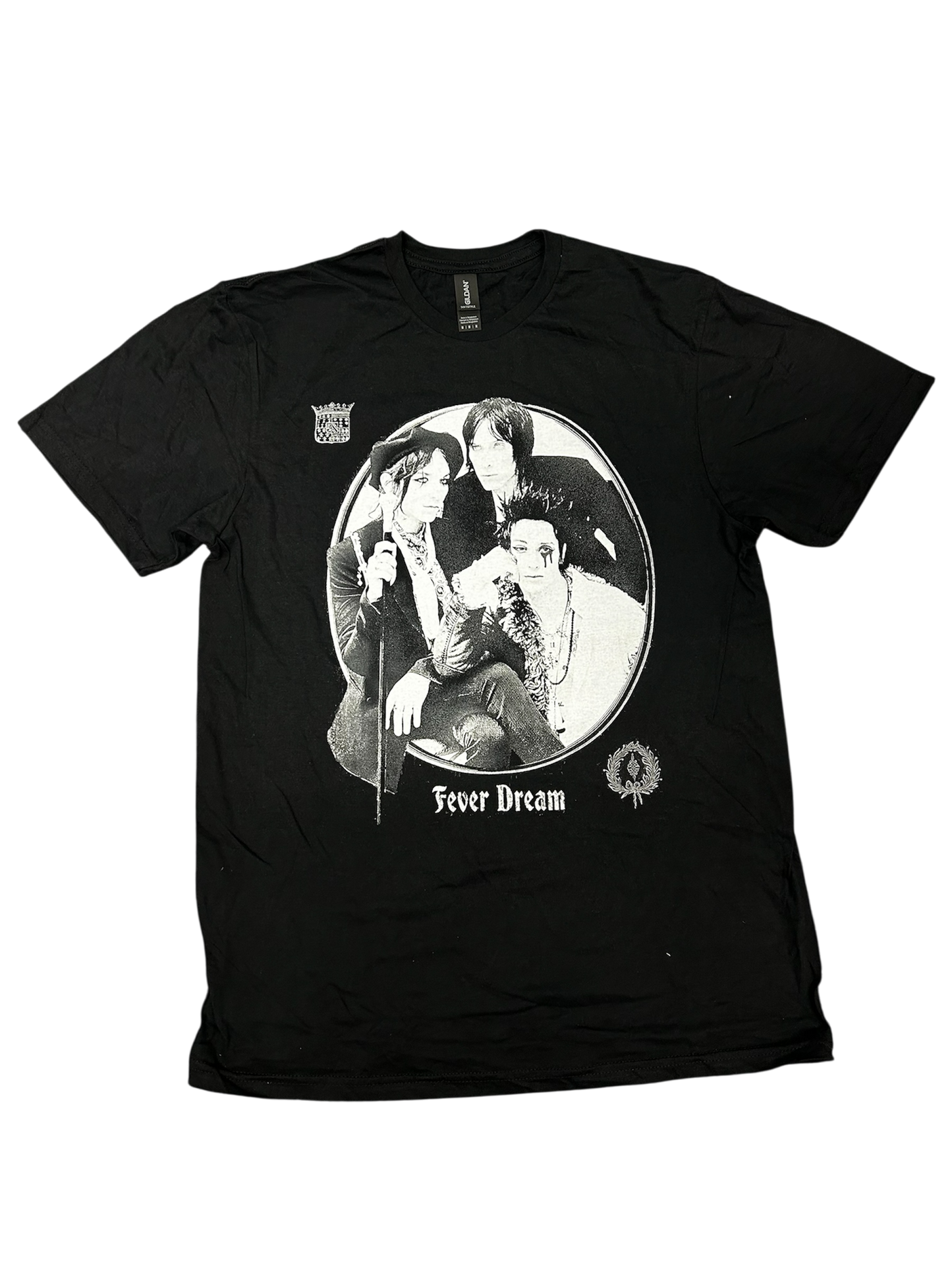 Black t-shirt with a graphic design and text on a white background