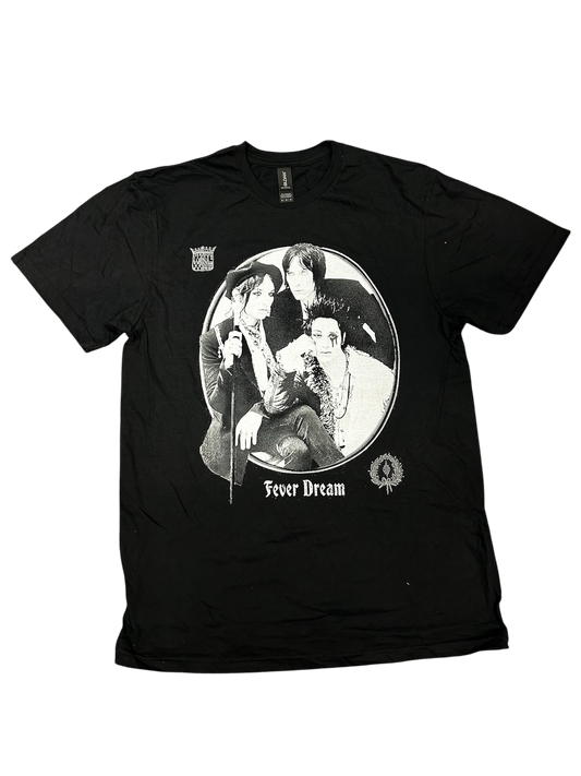 Black t-shirt with a graphic design and text on a white background