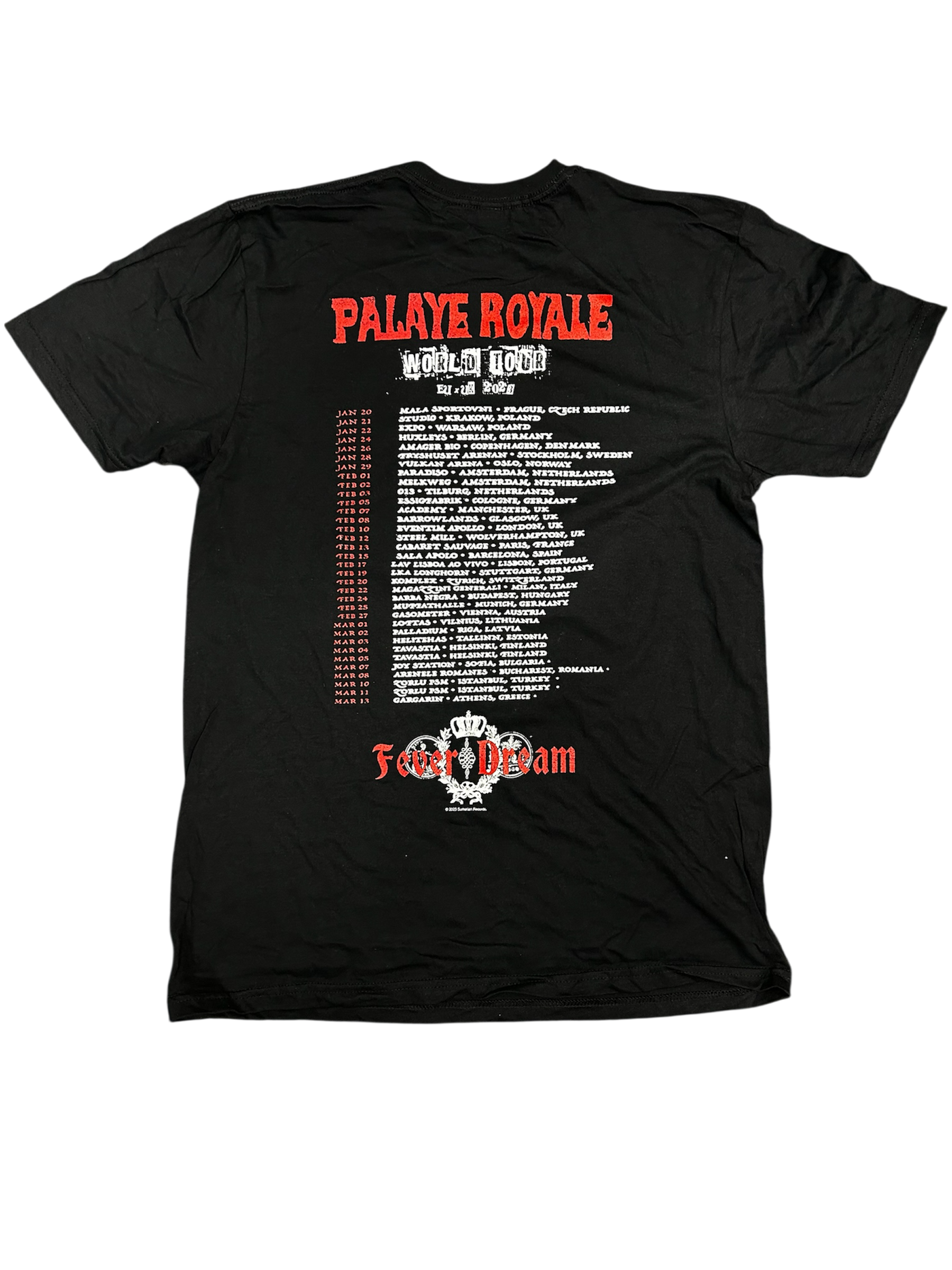 Black t-shirt with red and white text and graphics on a white background