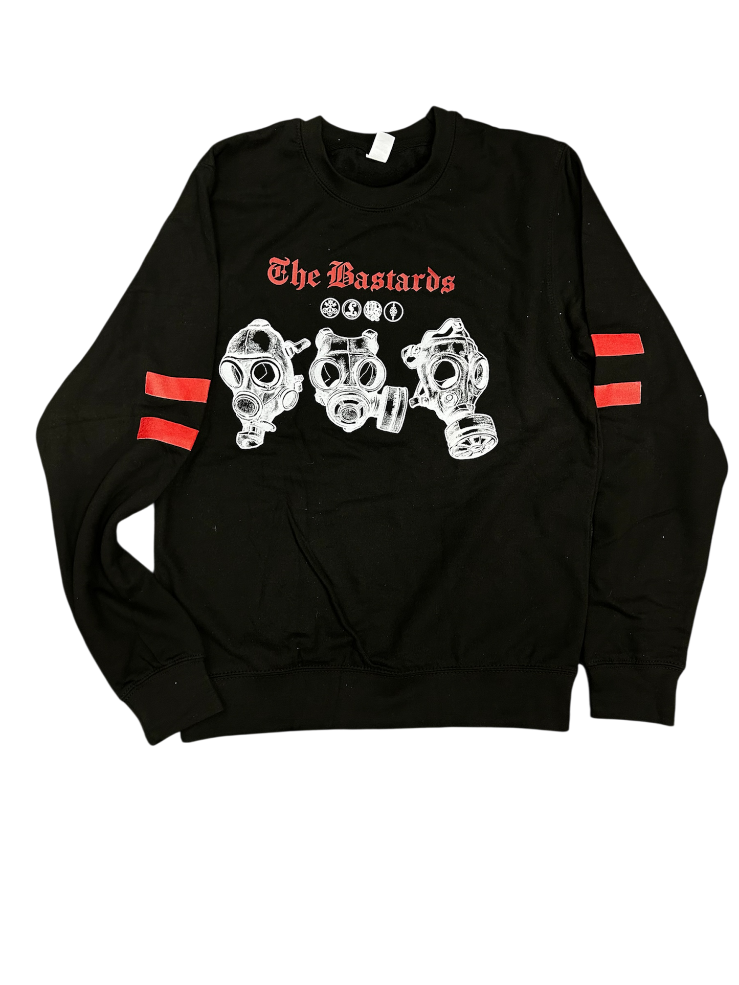 Black sweatshirt with graphic design and text on a white background