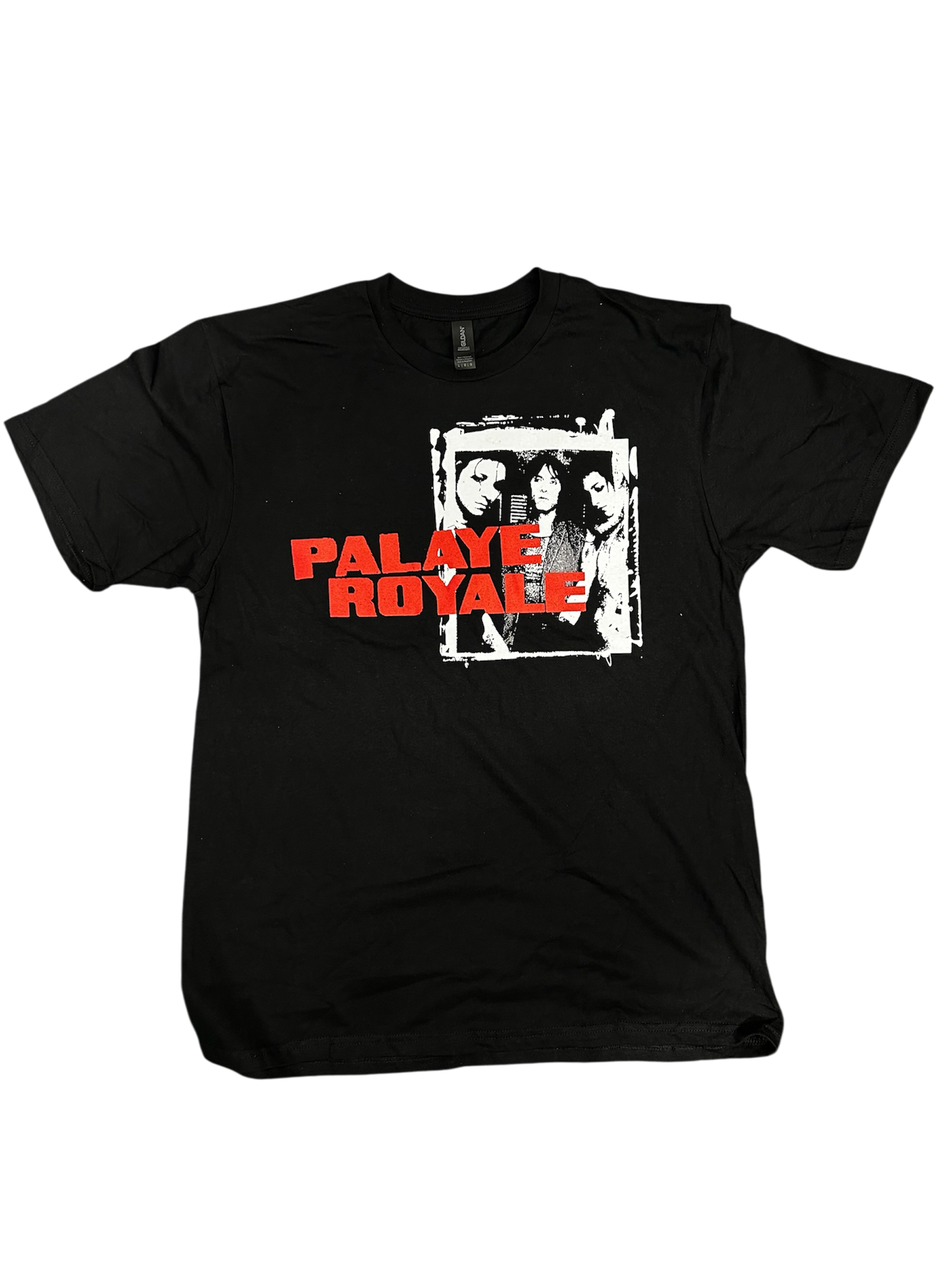 Black t-shirt with 'Palaye Royale' graphic design on a white background