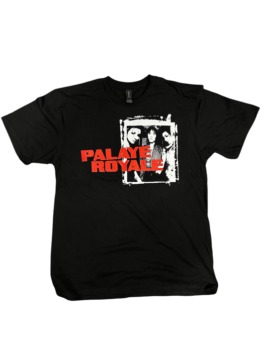 Black t-shirt with 'Palaye Royale' graphic design on a white background