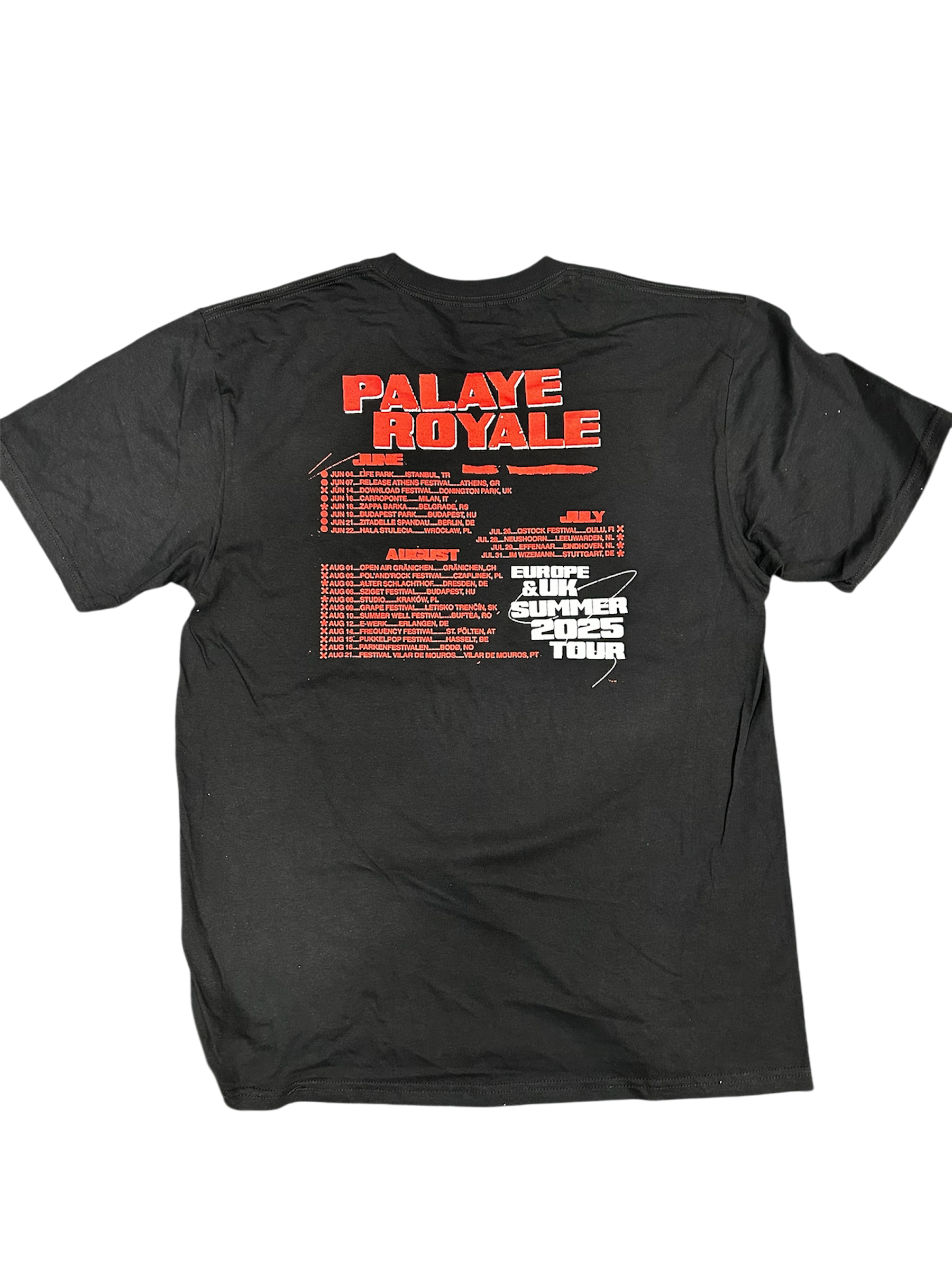 Black t-shirt with red and white text and graphics on a white background