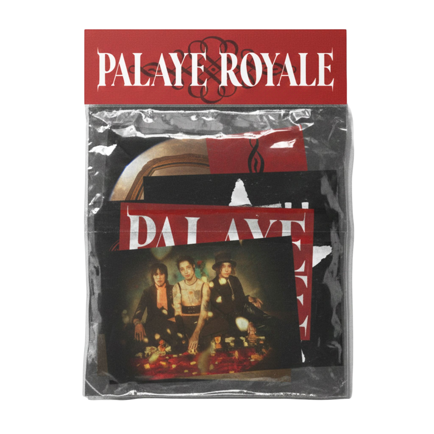 Packaged merchandise with 'Palaye Royale' branding on a white background