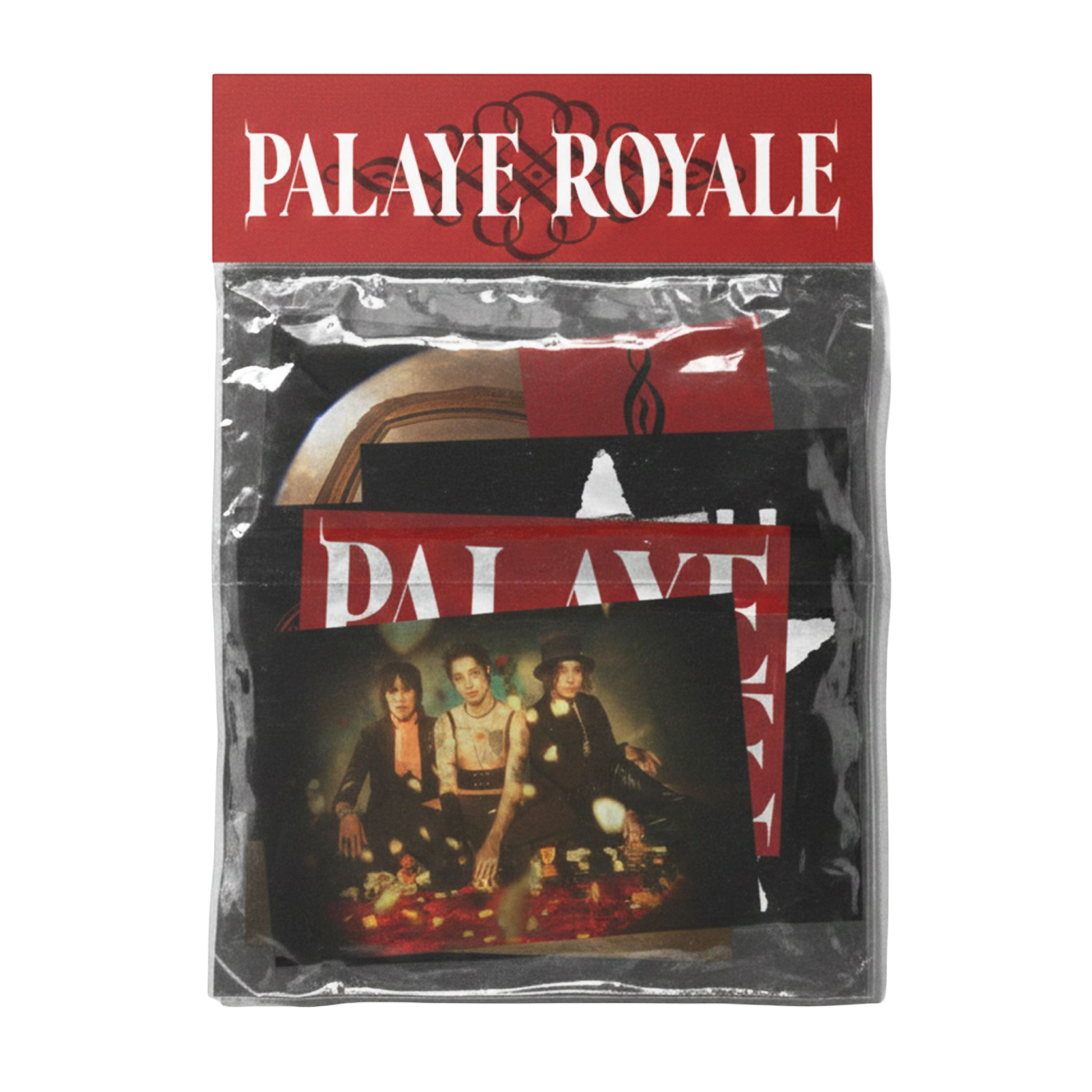 Packaged merchandise with 'Palaye Royale' branding on a white background