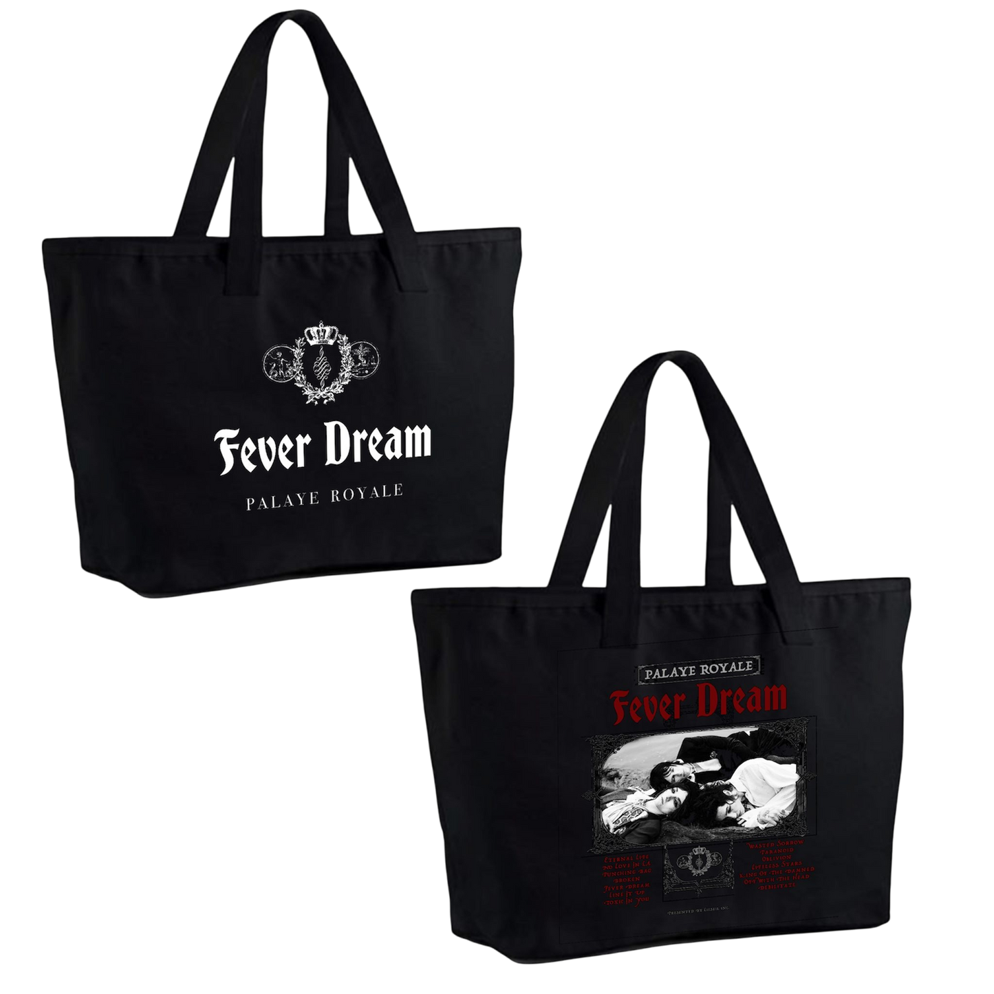Two black tote bags with 'Fever Dream' branding on a white background