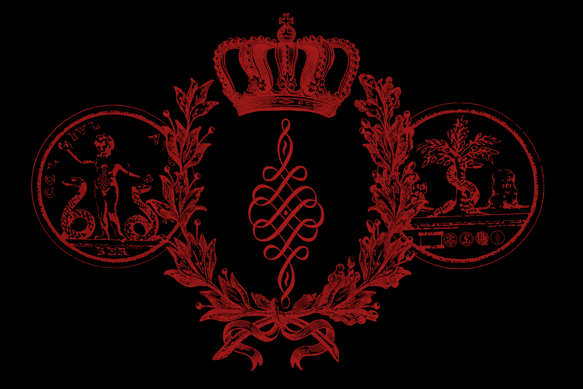 Red emblem with a crown and two circular designs on a black background
