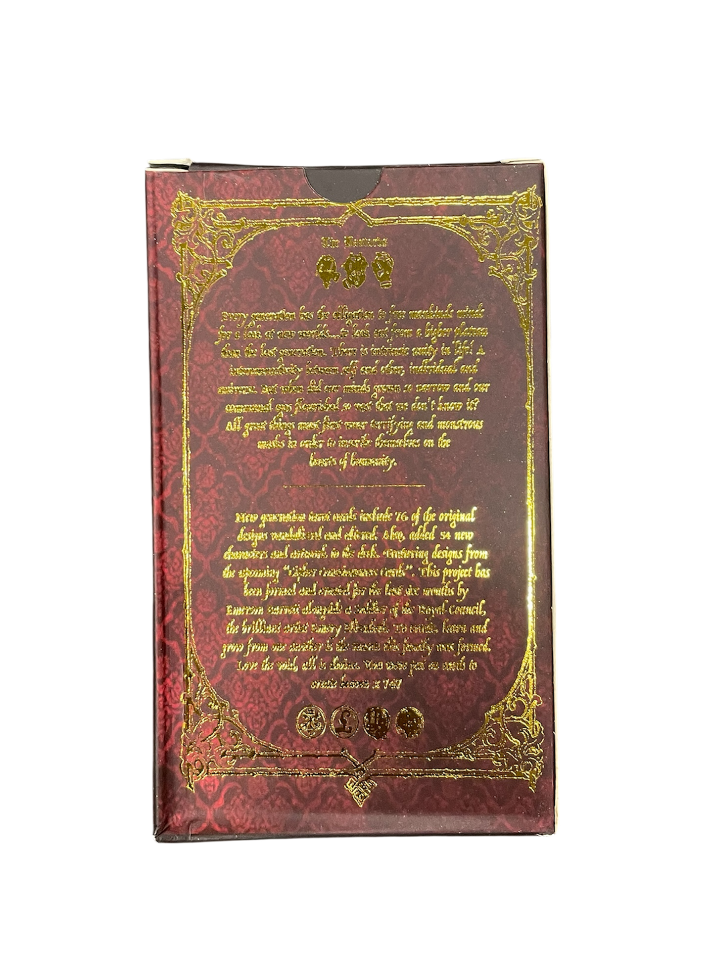 Decorative box with gold text and design on a white background