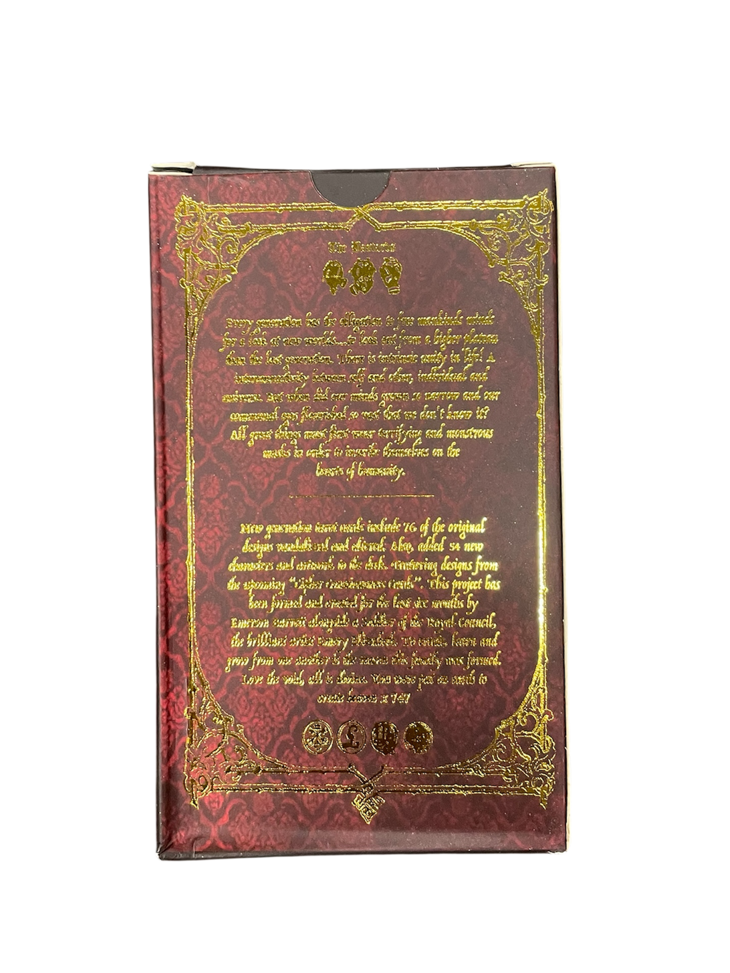 Decorative box with gold text and design on a white background