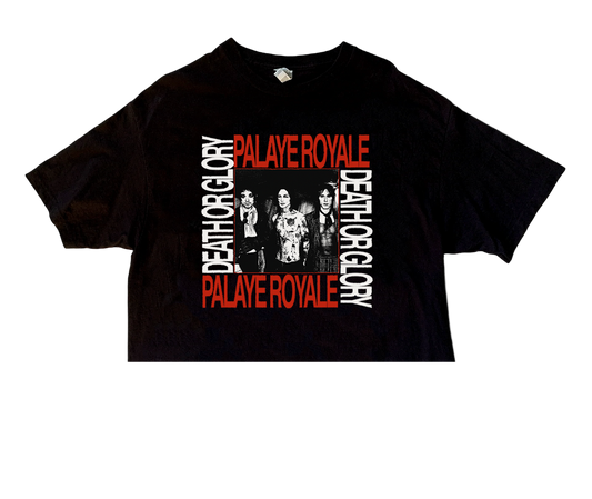Black t-shirt with 'Palaye Royale' and 'Death or Glory' text and graphics on a white background