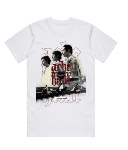 White t-shirt with graphic design of three people and text on a white background