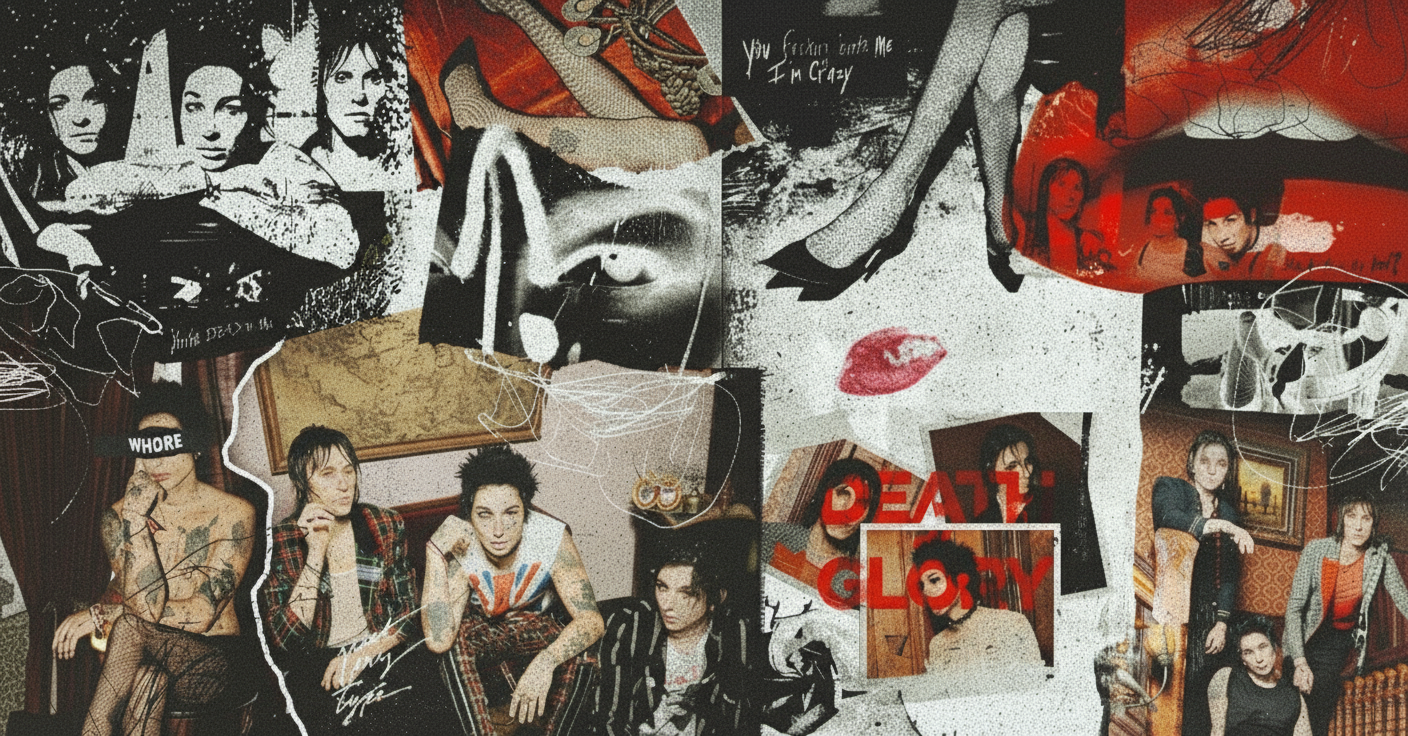 Collage of various images with a central focus on a person with tattoos, surrounded by other graphic elements.