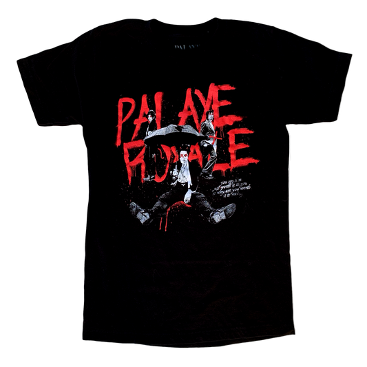 Black t-shirt with red and white graphic design on a white background
