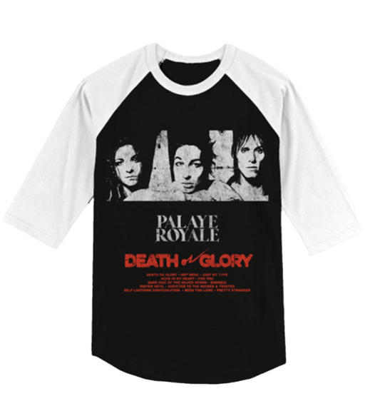 Black and white baseball shirt with 'Palaye Royale' design on a white background