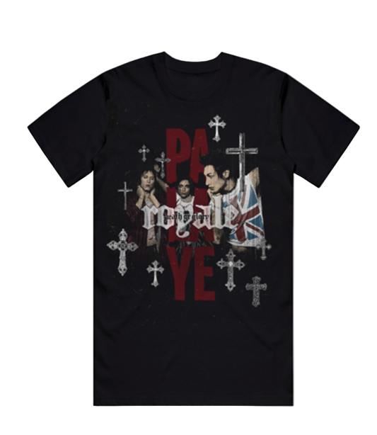 Black t-shirt with graphic design featuring text and images on a white background