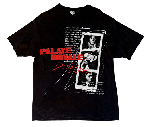 Black t-shirt with graphic design and text on a white background