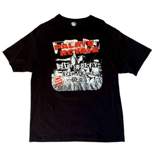 Black t-shirt with graphic design and text on a white background
