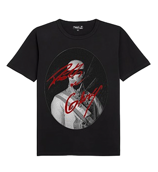 Black t-shirt with graphic design and text on a white background