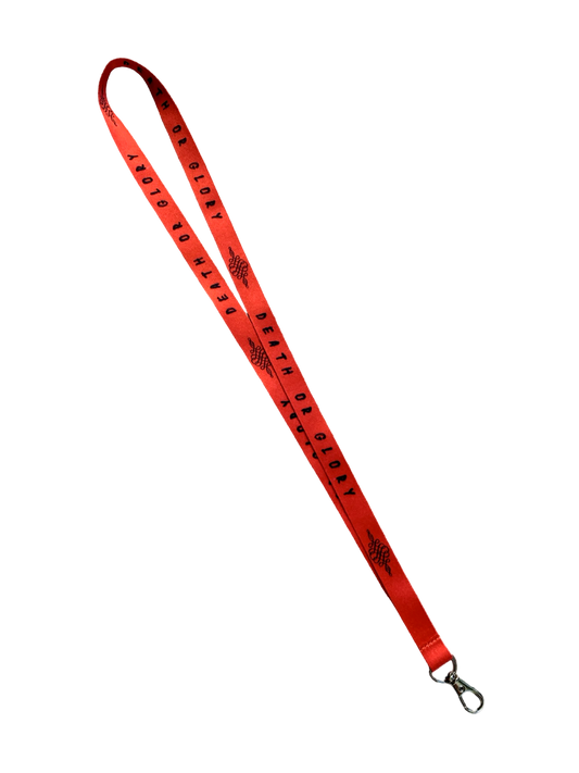 Red lanyard with black text on a white background