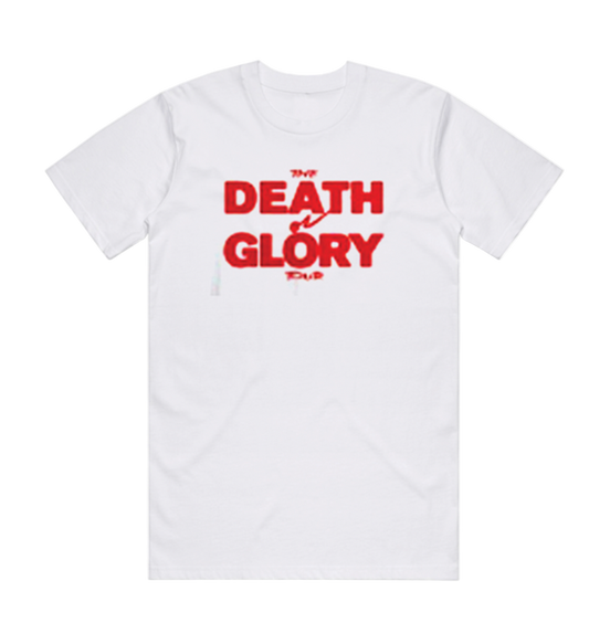 White t-shirt with red text 'THE DEATH GLORY'