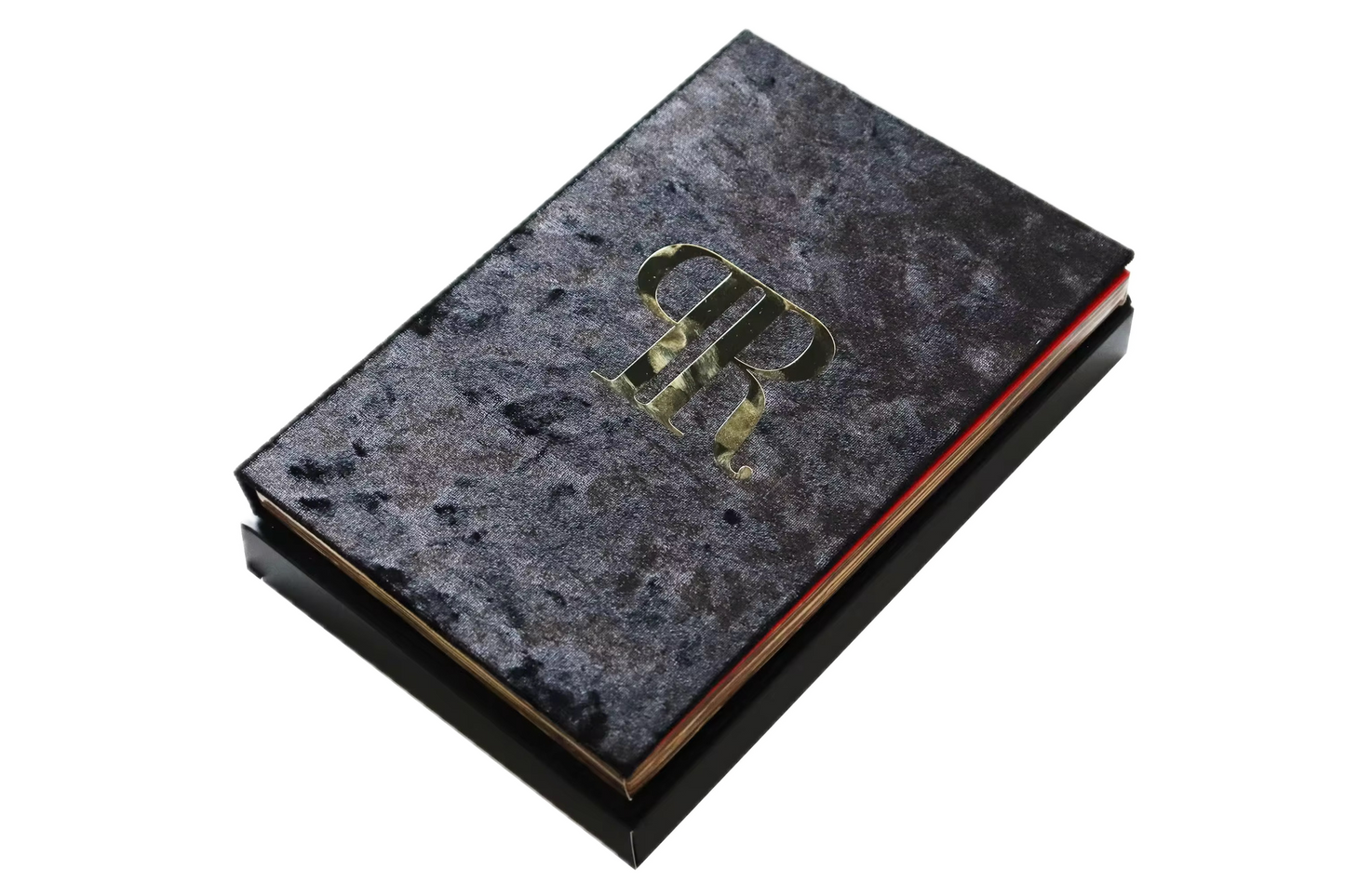 Dark textured book with gold embossed logo on a white background