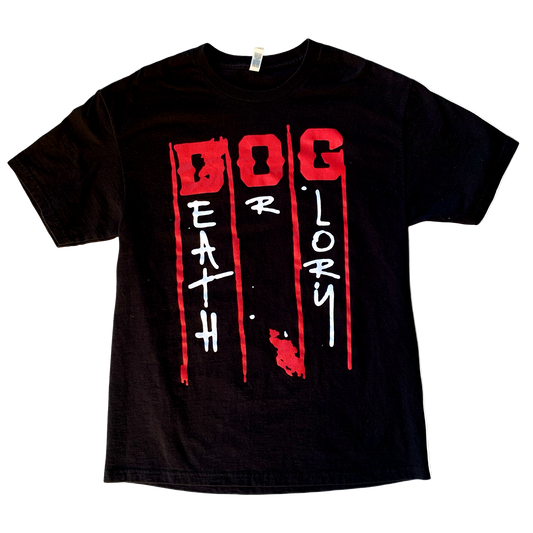 Black t-shirt with red and white and red graphic design