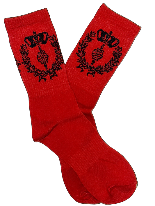 Red socks with black emblem design