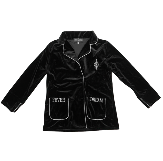 Black velvet robe with 'FEVER' and 'DREAM' text