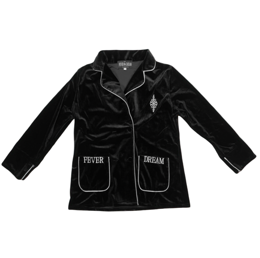 Black velvet robe with 'FEVER' and 'DREAM' text